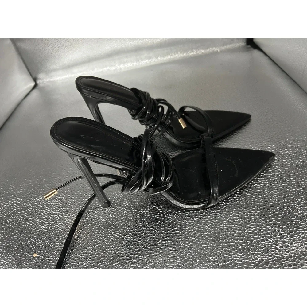 Liana Black Lace‎ Up Stiletto Heels Pointed Toe Wrap Around Sandals Size 38